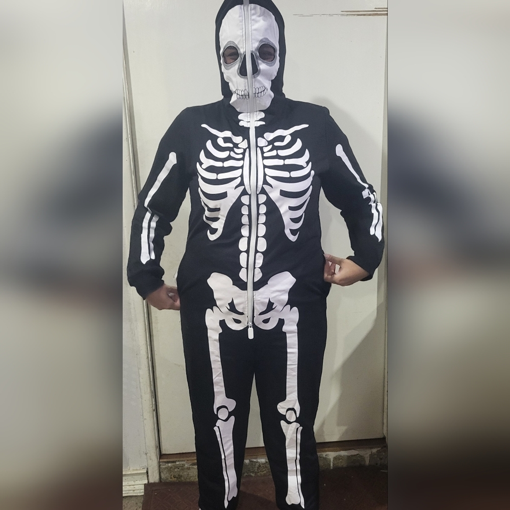 Adult Unisex Skeleton Jumpsuit with Hood Halloween Cosplay Deluxe Costume XL